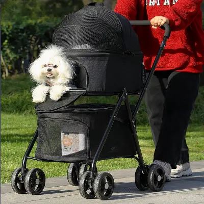 Poussette pour chien noire PetStroller™ – modèle pliable avec fenêtres respirantes